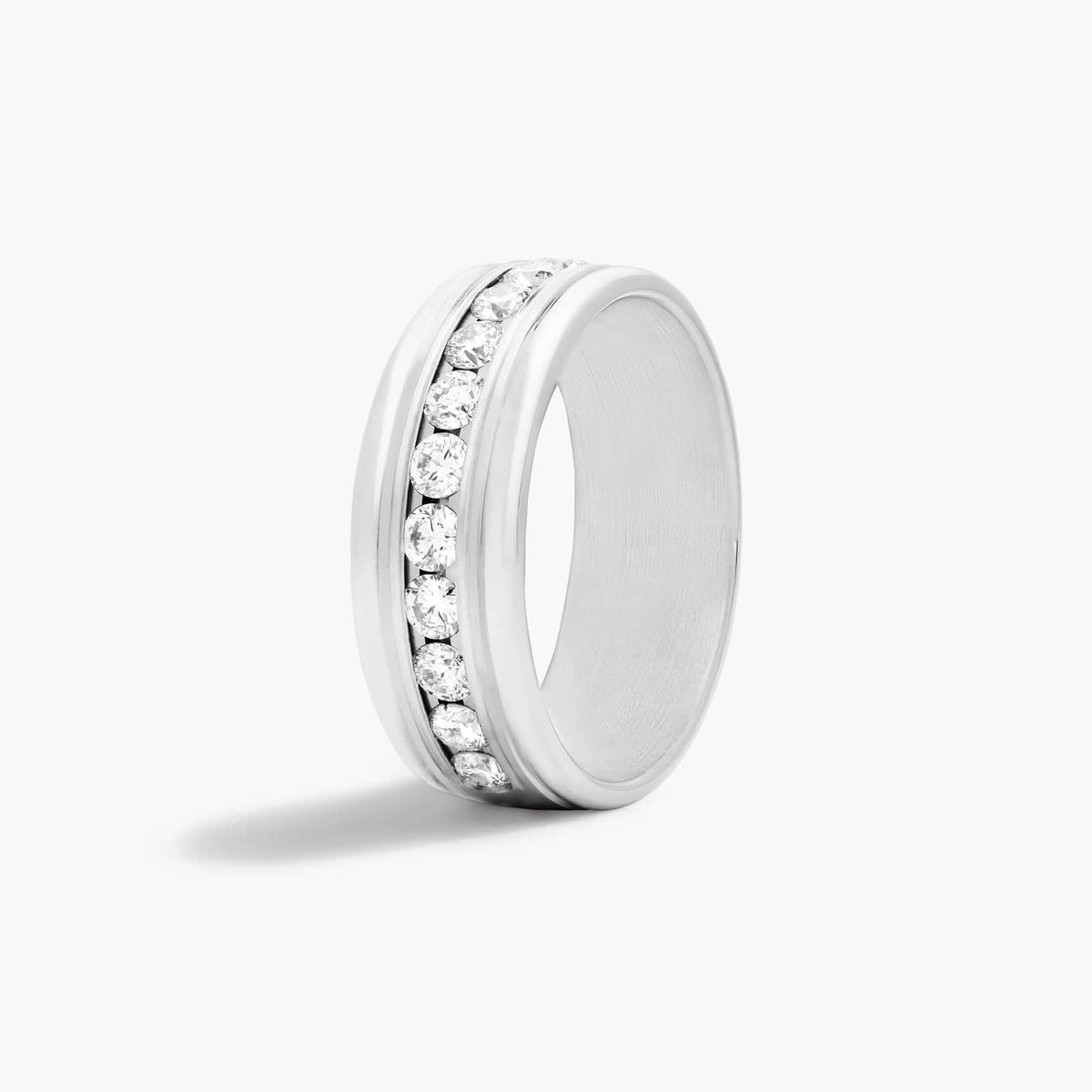 Sterling Silver (8.00mm) Round Cut Moissanite Men's Wedding Band Comfort Fit Channel Set