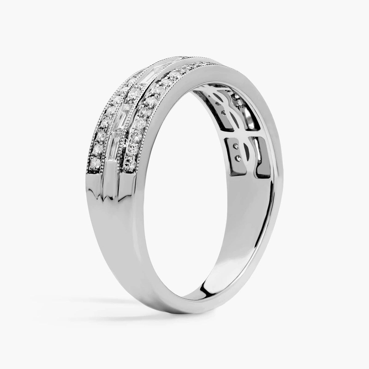 Wide silver-tone wedding band with three rows of moissanite 