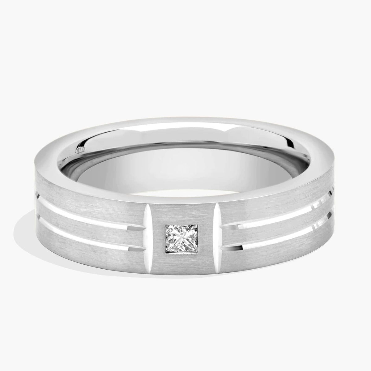 Sterling Silver (6.00mm) Princess Cut Moissanite Men's Wedding Ring Dual Polish Inlay Matte (1/10 ct. tw.) Main image