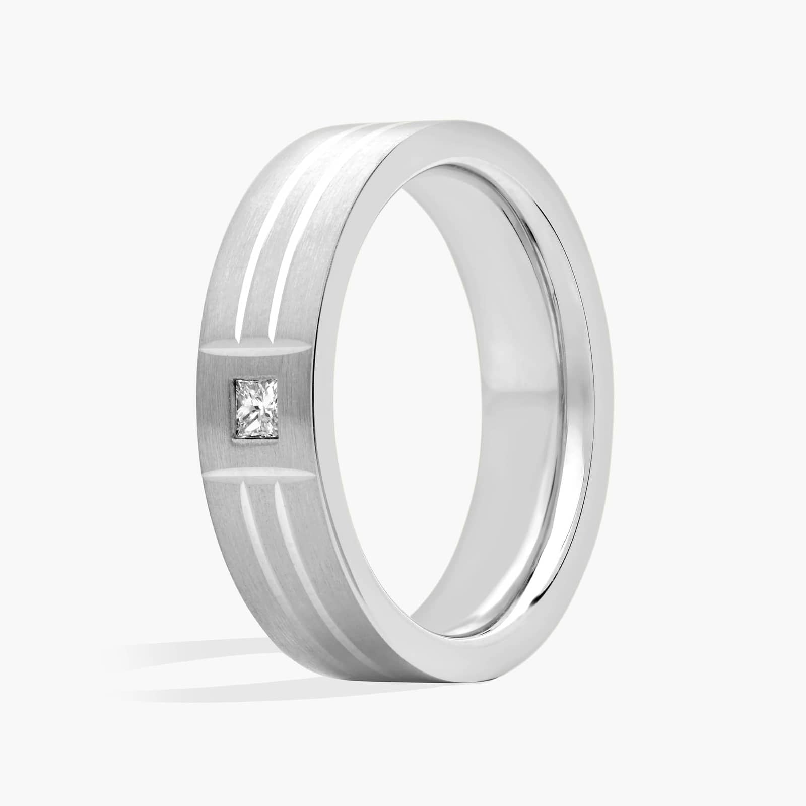 Sterling Silver (6.00mm) Princess Cut Moissanite Men's Wedding Ring Dual Polish Inlay Matte (1/10 ct. tw.) Secondary image