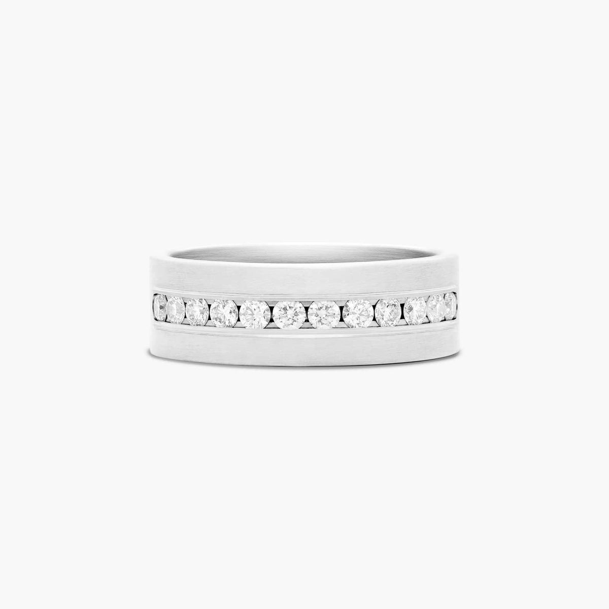 Sterling Silver (8.00mm) Round Cut Moissanite Men's Wedding Ring Satin Finish Channel Set (1 ct. tw.) Main image