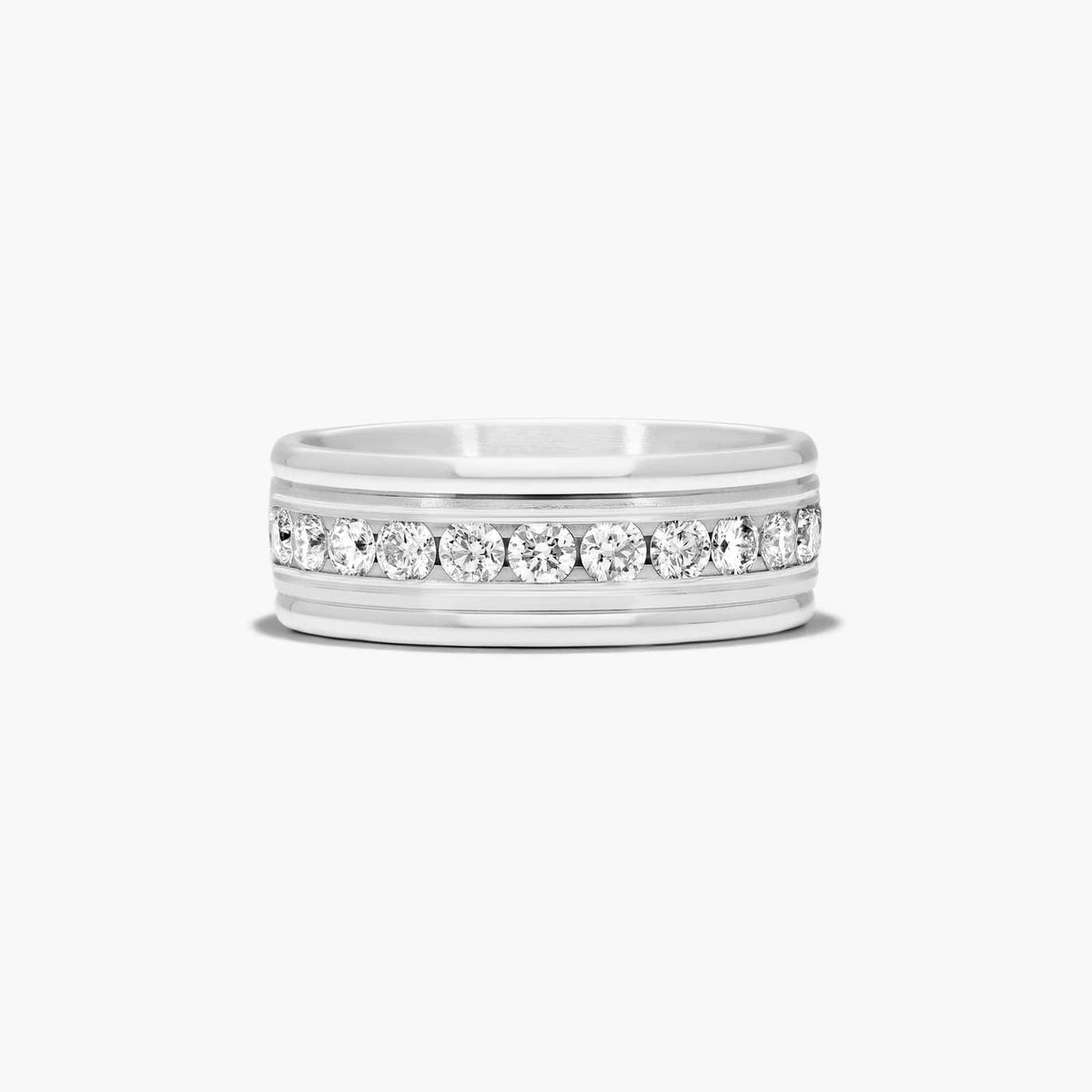 Sterling Silver (8.00mm) Round Cut Moissanite Men's Wedding Ring Comfort Fit Channel Set (1 ct. tw.) Main image