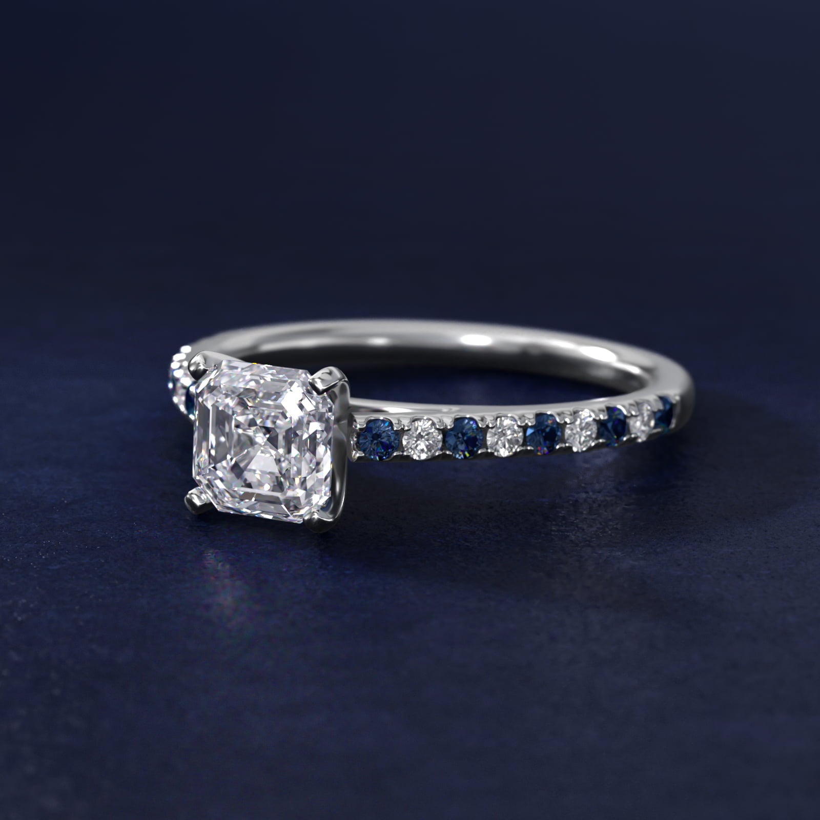 Sterling Silver Asscher Cut Moissanite Engagement Ring Riviera Micropavé with Lab Grown Sapphire and Moissanite Sidestone (2.0 ct., 1/10 ct. tw.) Secondary image