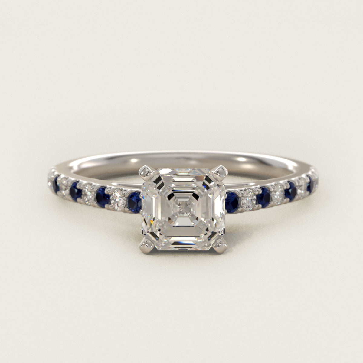 Sterling Silver Asscher Cut Moissanite Engagement Ring Riviera Micropavé with Lab Grown Sapphire and Moissanite Sidestone (2.0 ct., 1/10 ct. tw.) Main image