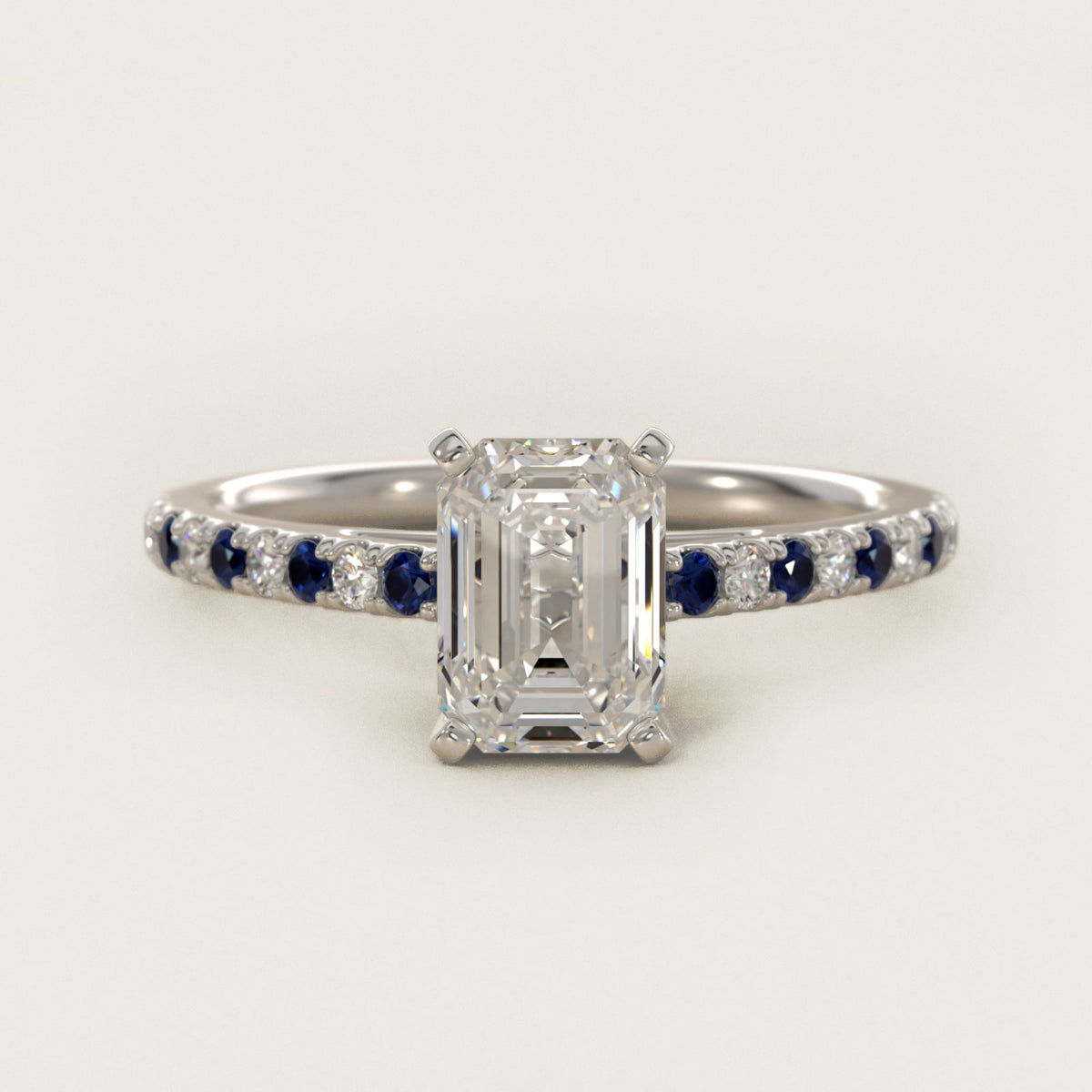 Sterling Silver Emerald Cut Moissanite Engagement Ring Riviera Micropavé with Lab Grown Sapphire and Moissanite Sidestone (2.0 ct., 1/10 ct. tw.) Main image