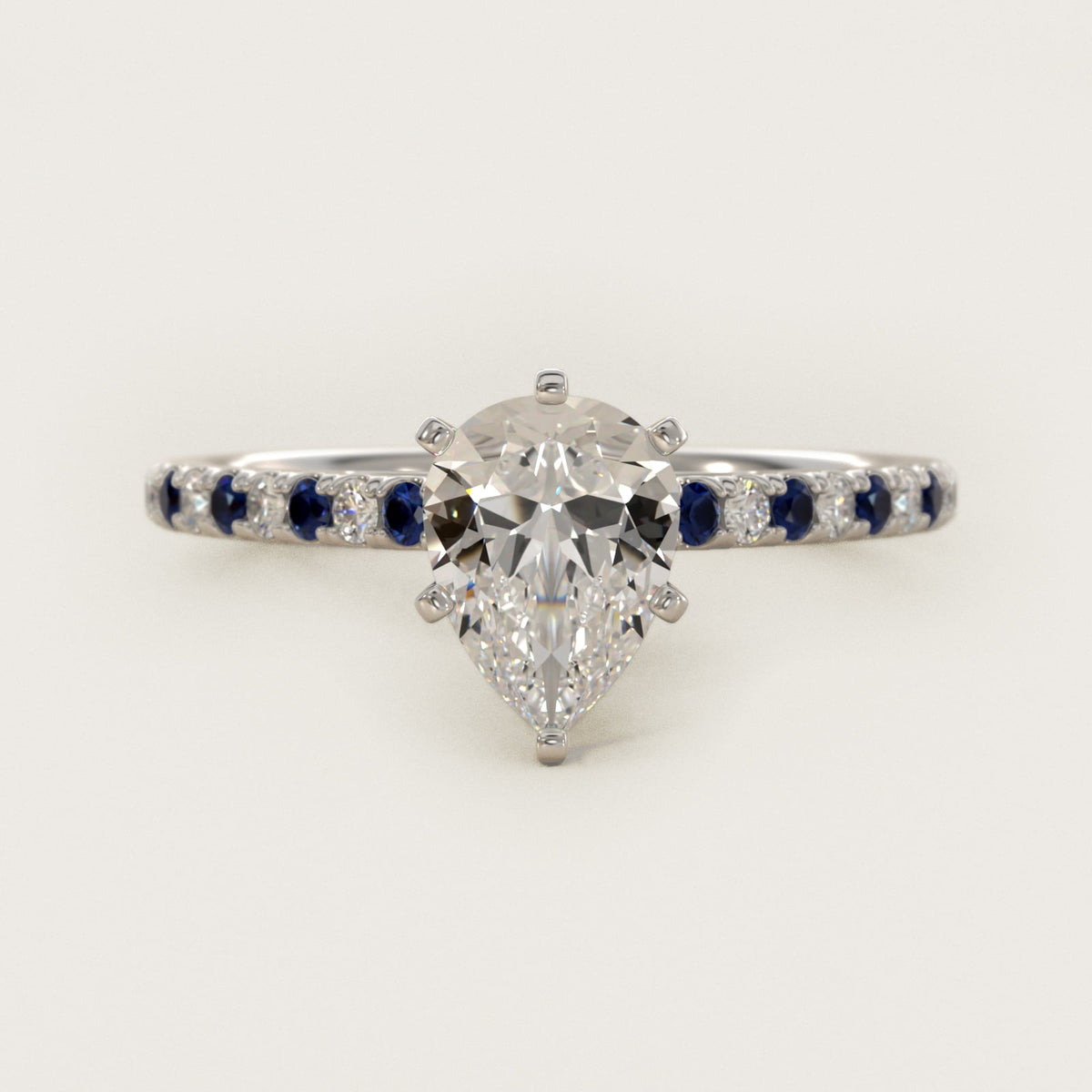 Sterling Silver Pear Cut Moissanite Engagement Ring Riviera Micropavé with Lab Grown Sapphire and Moissanite Sidestone (2.0 ct., 1/10 ct. tw.) Main image