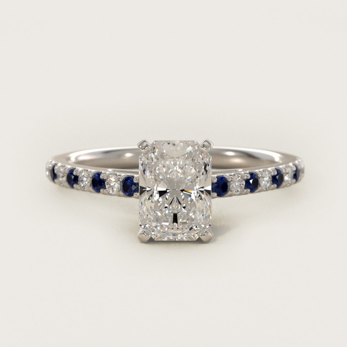 Sterling Silver Radiant Cut Moissanite Engagement Ring Riviera Micropavé with Lab Grown Sapphire and Moissanite Sidestone (2.0 ct., 1/10 ct. tw.) Main image