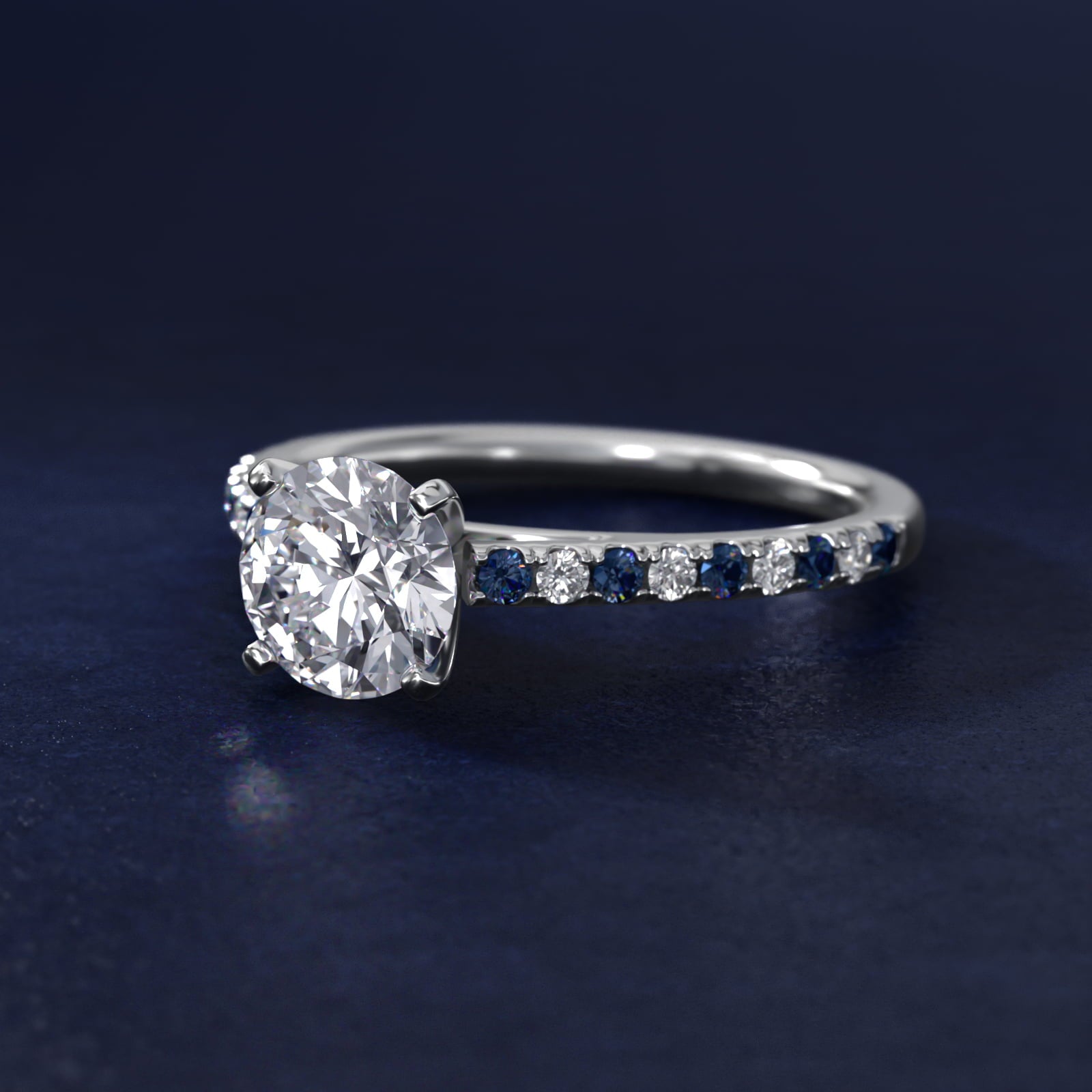 Sterling Silver Round Cut Moissanite Engagement Ring Riviera Micropavé with Lab Grown Sapphire and Moissanite Sidestone (2.0 ct., 1/10 ct. tw.) Secondary image