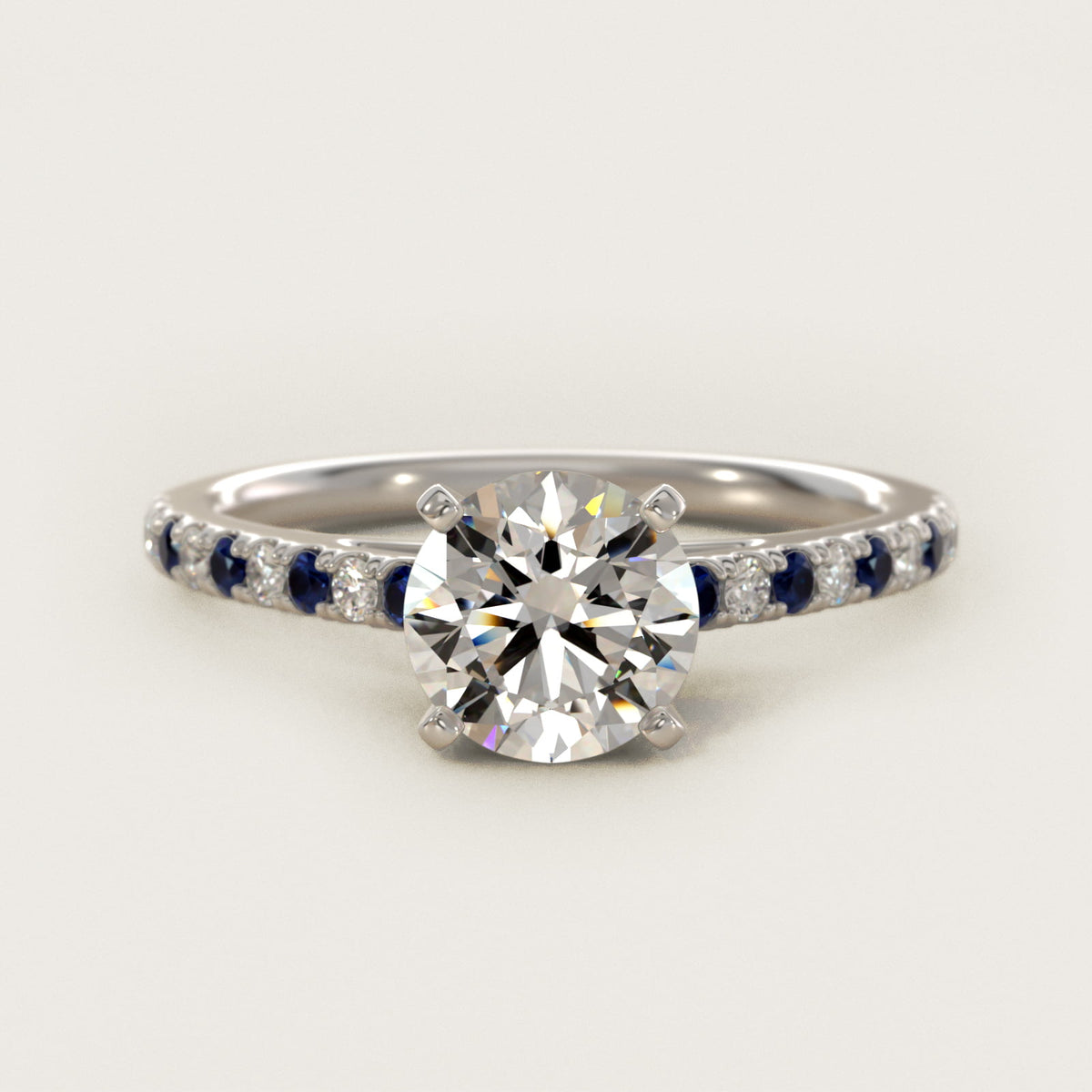 Sterling Silver Round Cut Moissanite Engagement Ring Riviera Micropavé with Lab Grown Sapphire and Moissanite Sidestone (2.0 ct., 1/10 ct. tw.) Main image