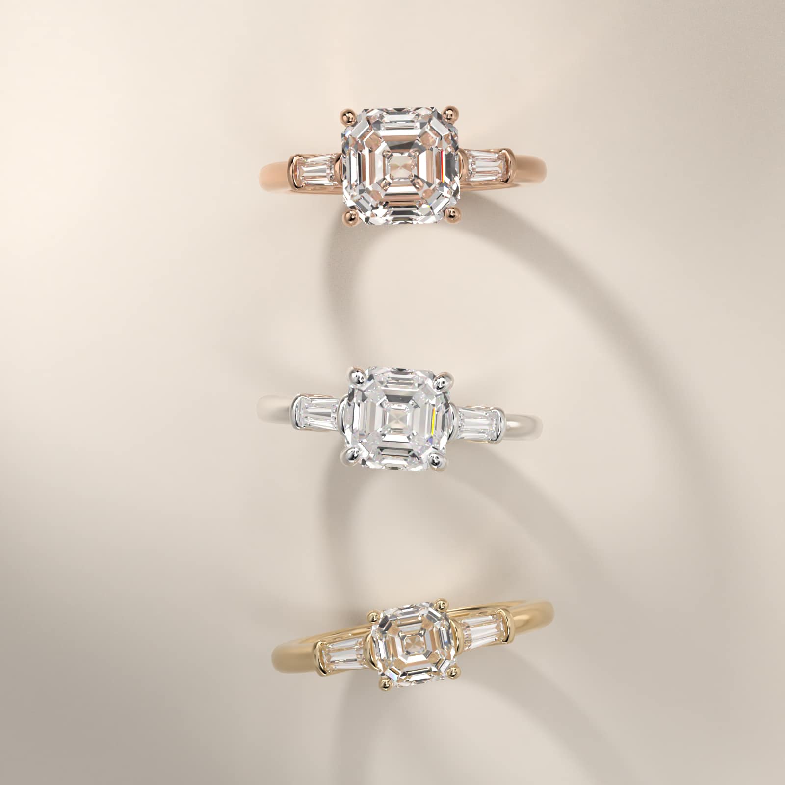 Sterling Silver Asscher Cut Moissanite Engagement Ring Three-Stone Tapered Baguette (2.0 ct., 1/4 ct. tw.) Secondary image