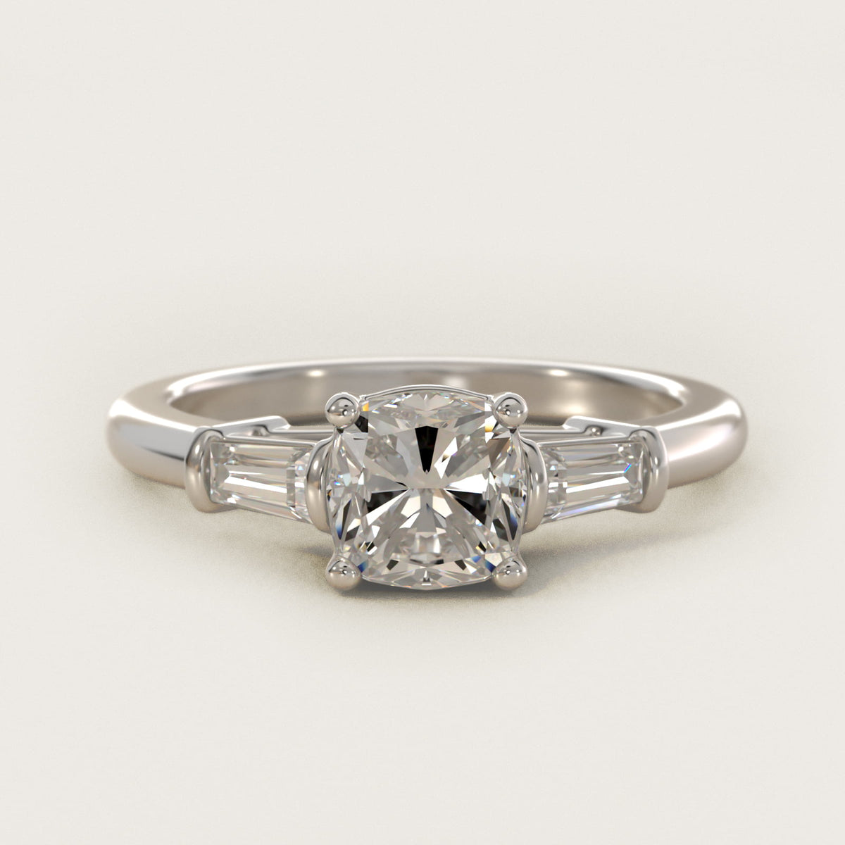 Sterling Silver Cushion Cut Moissanite Engagement Ring Three-Stone Tapered Baguette (2.0 ct., 1/4 ct. tw.) Main image