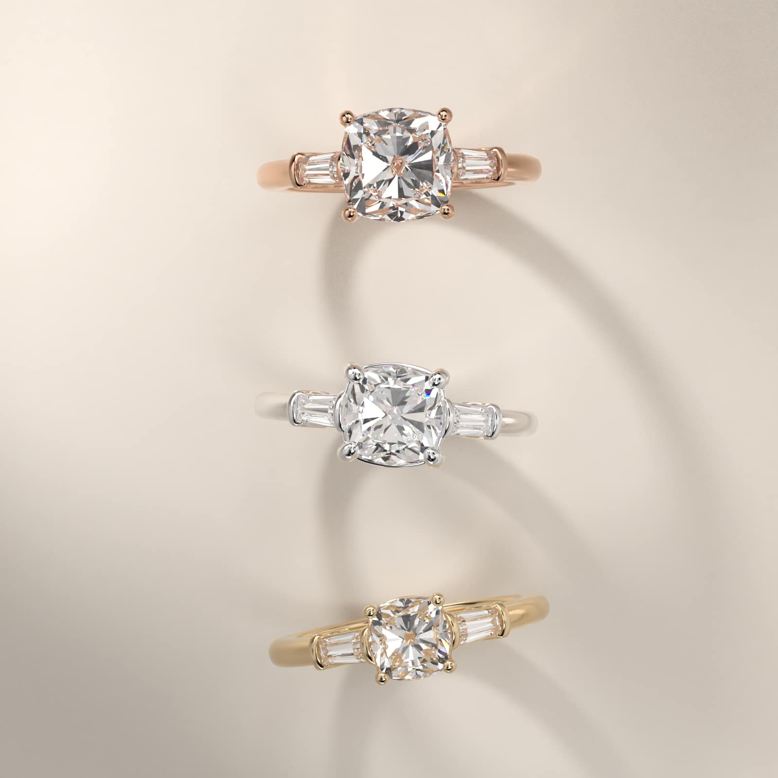 Sterling Silver Cushion Cut Moissanite Engagement Ring Three-Stone Tapered Baguette (2.0 ct., 1/4 ct. tw.) Secondary image