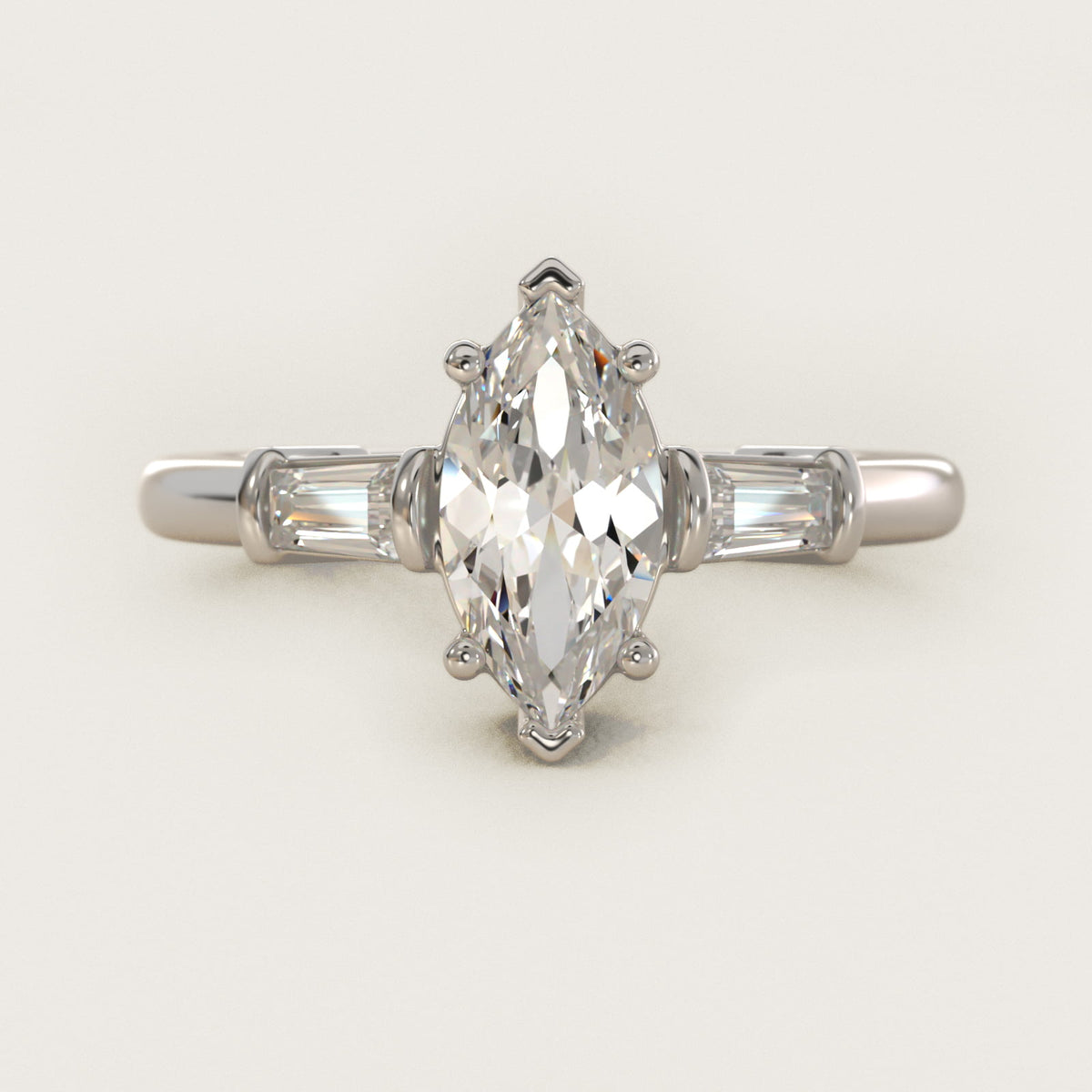 Sterling Silver Marquise Cut Moissanite Engagement Ring Three-Stone Tapered Baguette (2.0 ct., 1/4 ct. tw.) Main image