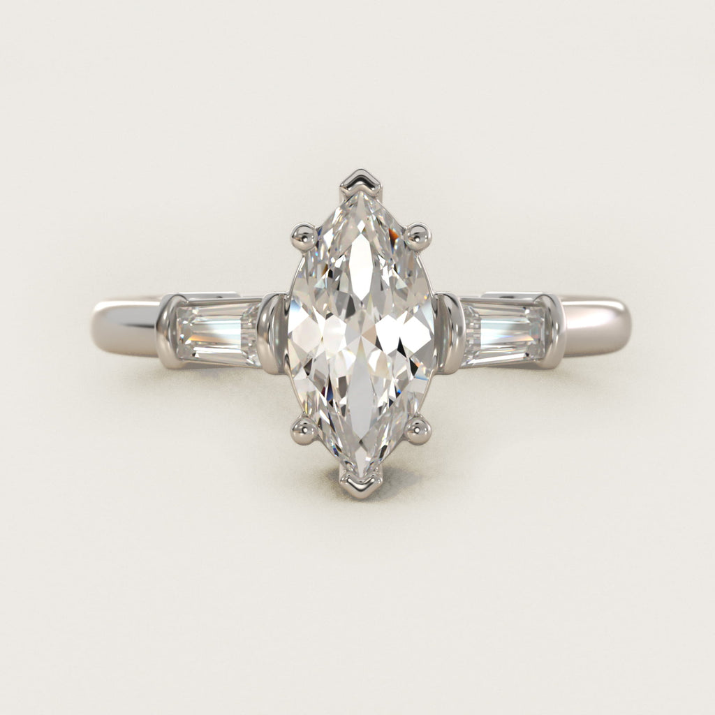 Sterling Silver Marquise Cut Moissanite Engagement Ring Three-Stone Tapered Baguette (2.0 ct., 1/4 ct. tw.)