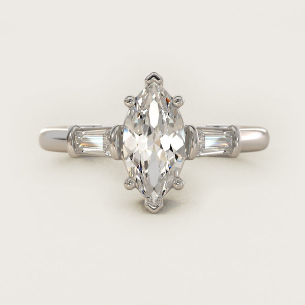 Sterling Silver Marquise Cut Moissanite Engagement Ring Three-Stone Tapered Baguette (2.0 ct., 1/4 ct. tw.)
