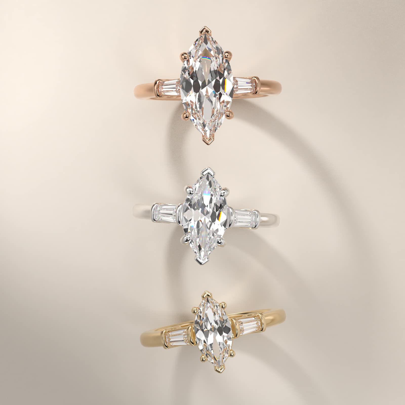 Sterling Silver Marquise Cut Moissanite Engagement Ring Three-Stone Tapered Baguette (2.0 ct., 1/4 ct. tw.) Secondary image