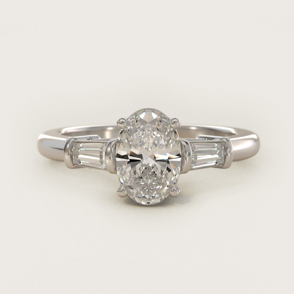 Sterling Silver Oval Cut Moissanite Engagement Ring Three-Stone Tapered Baguette (2.0 ct., 1/4 ct. tw.)