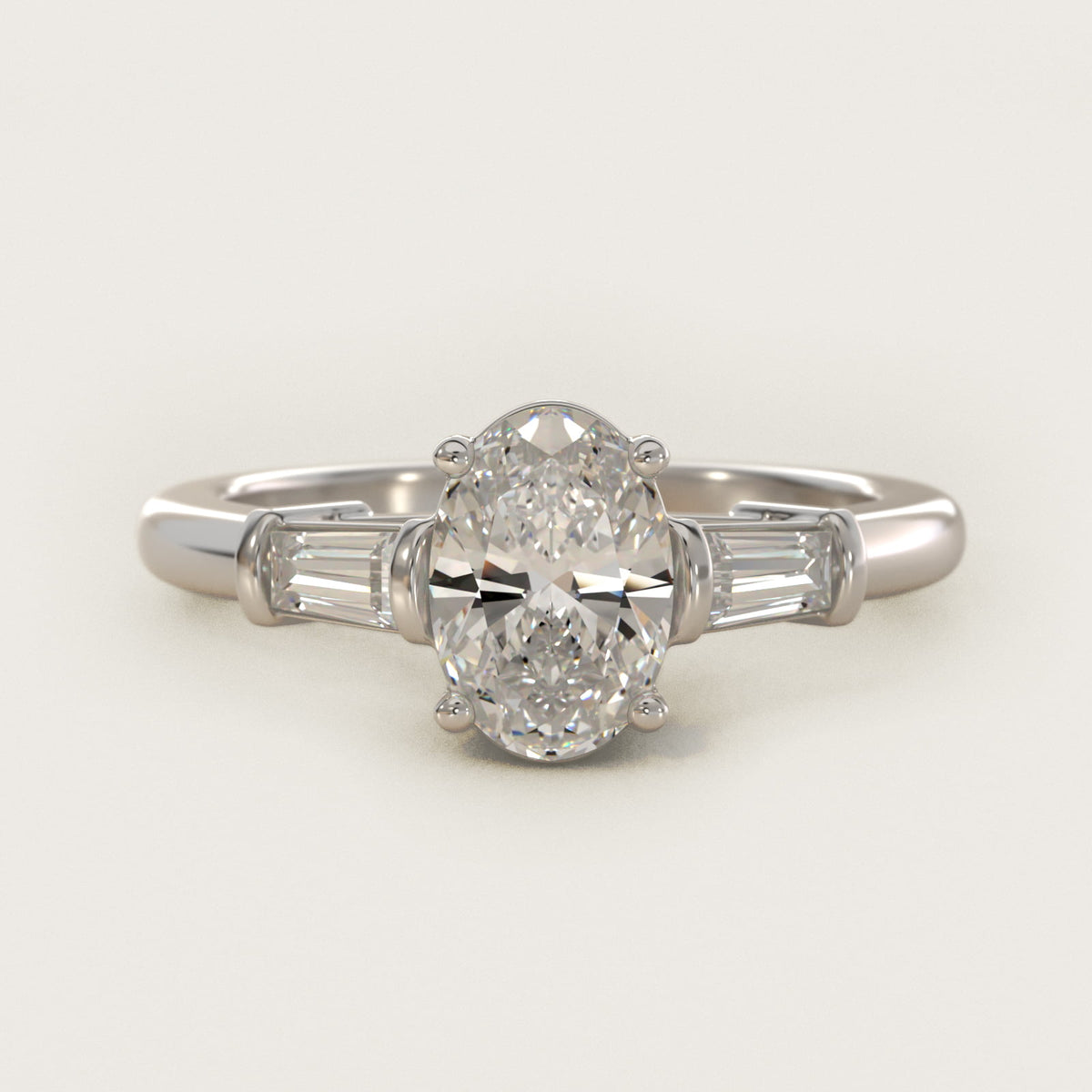Sterling Silver Oval Cut Moissanite Engagement Ring Three-Stone Tapered Baguette (2.0 ct., 1/4 ct. tw.)