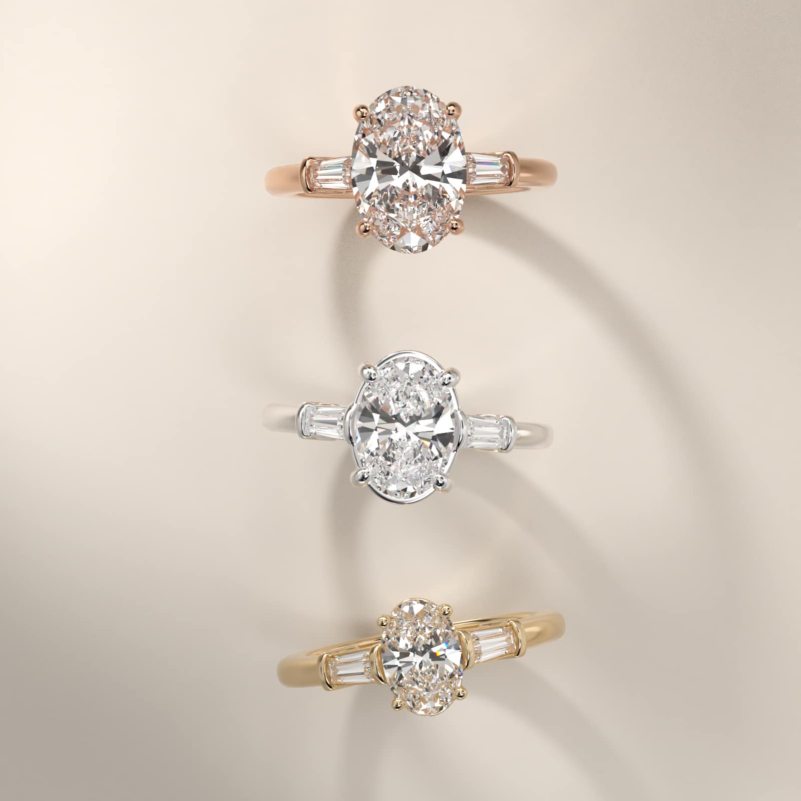 Sterling Silver Oval Cut Moissanite Engagement Ring Three-Stone Tapered Baguette (2.0 ct., 1/4 ct. tw.) Secondary image