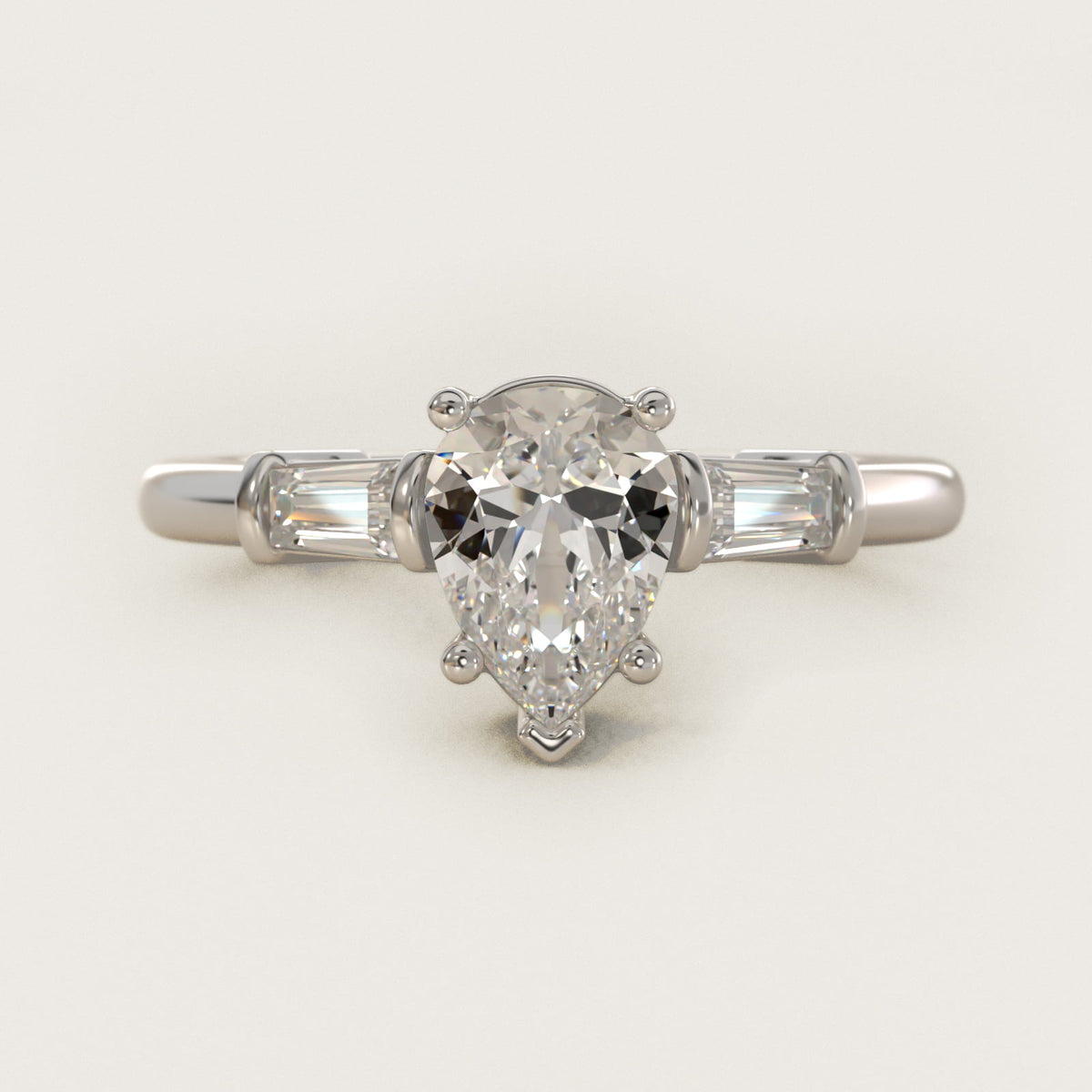 Sterling Silver Pear Cut Moissanite Engagement Ring Three-Stone Tapered Baguette (2.0 ct., 1/4 ct. tw.) Main image