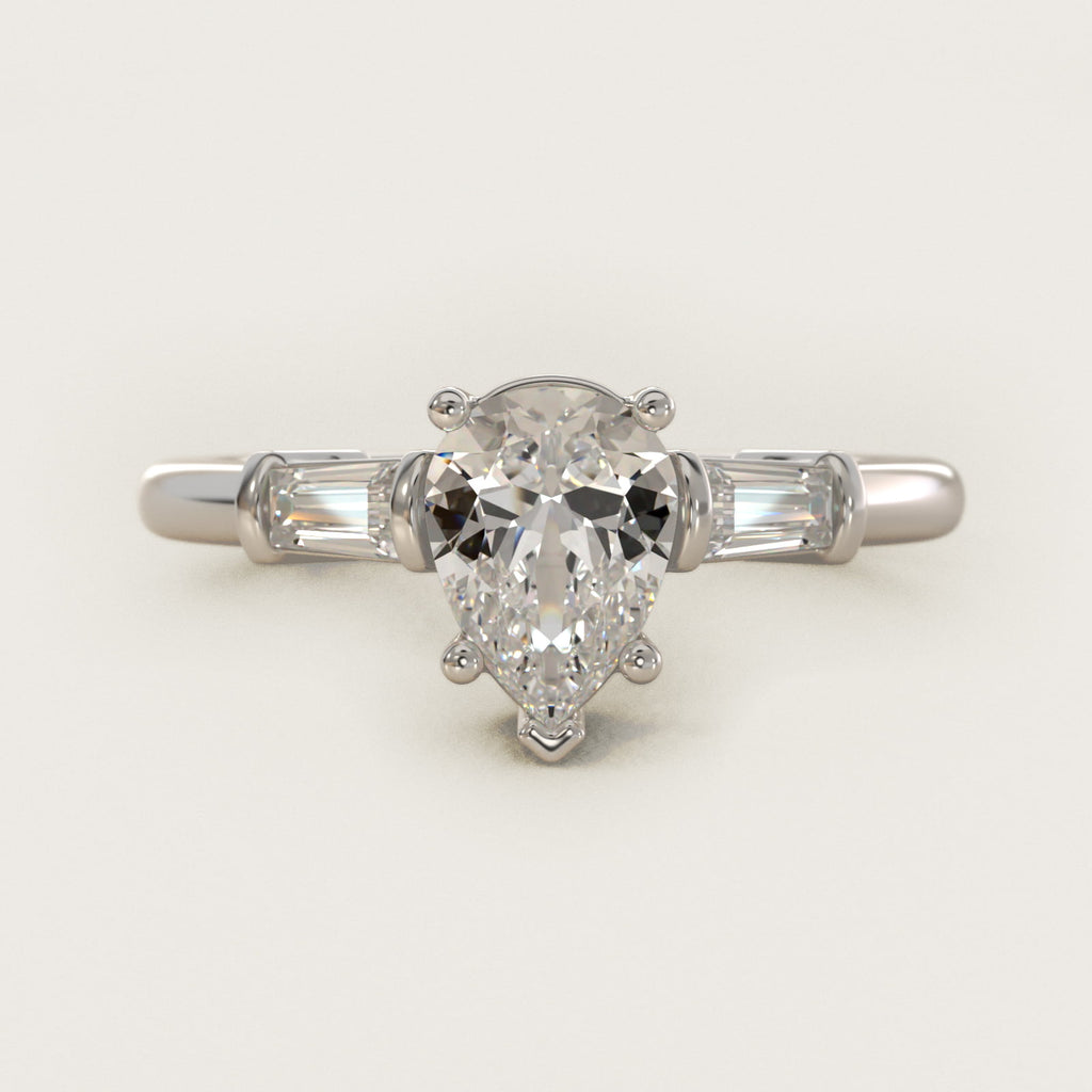 Sterling Silver Pear Cut Moissanite Engagement Ring Three-Stone Tapered Baguette (2.0 ct., 1/4 ct. tw.)