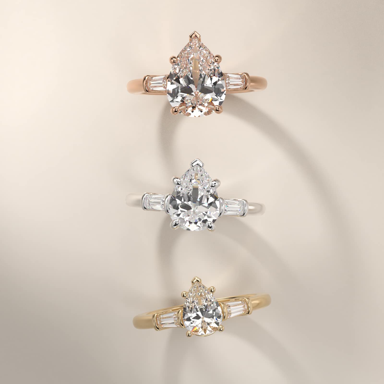 Sterling Silver Pear Cut Moissanite Engagement Ring Three-Stone Tapered Baguette (2.0 ct., 1/4 ct. tw.) Secondary image