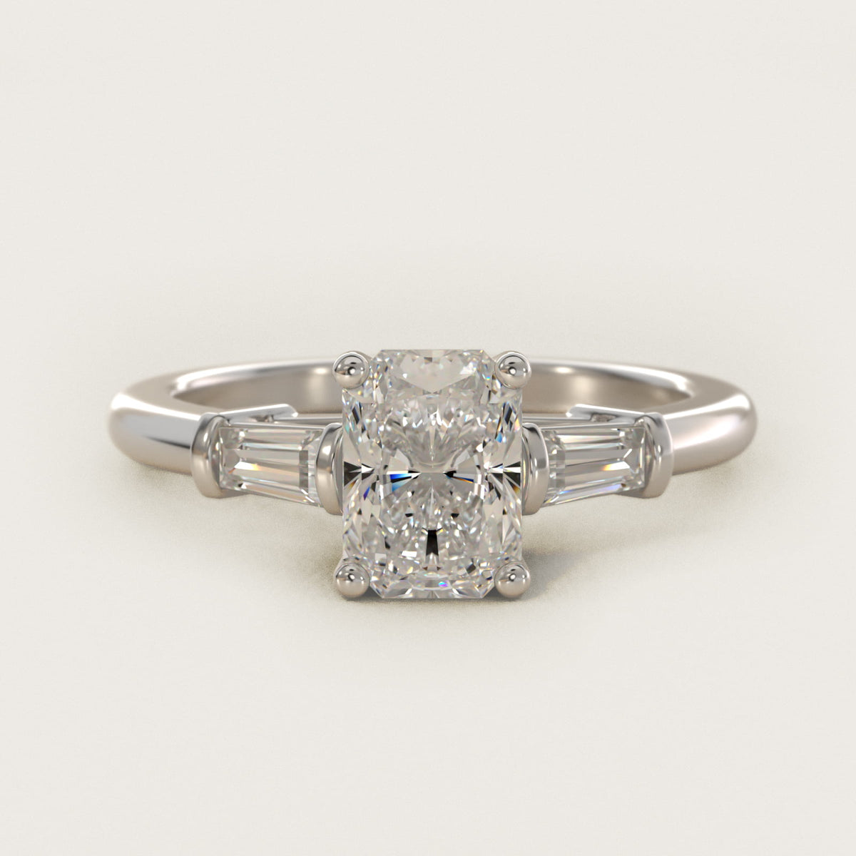 Sterling Silver Radiant Cut Moissanite Engagement Ring Three-Stone Tapered Baguette (2.0 ct., 1/4 ct. tw.) Main image