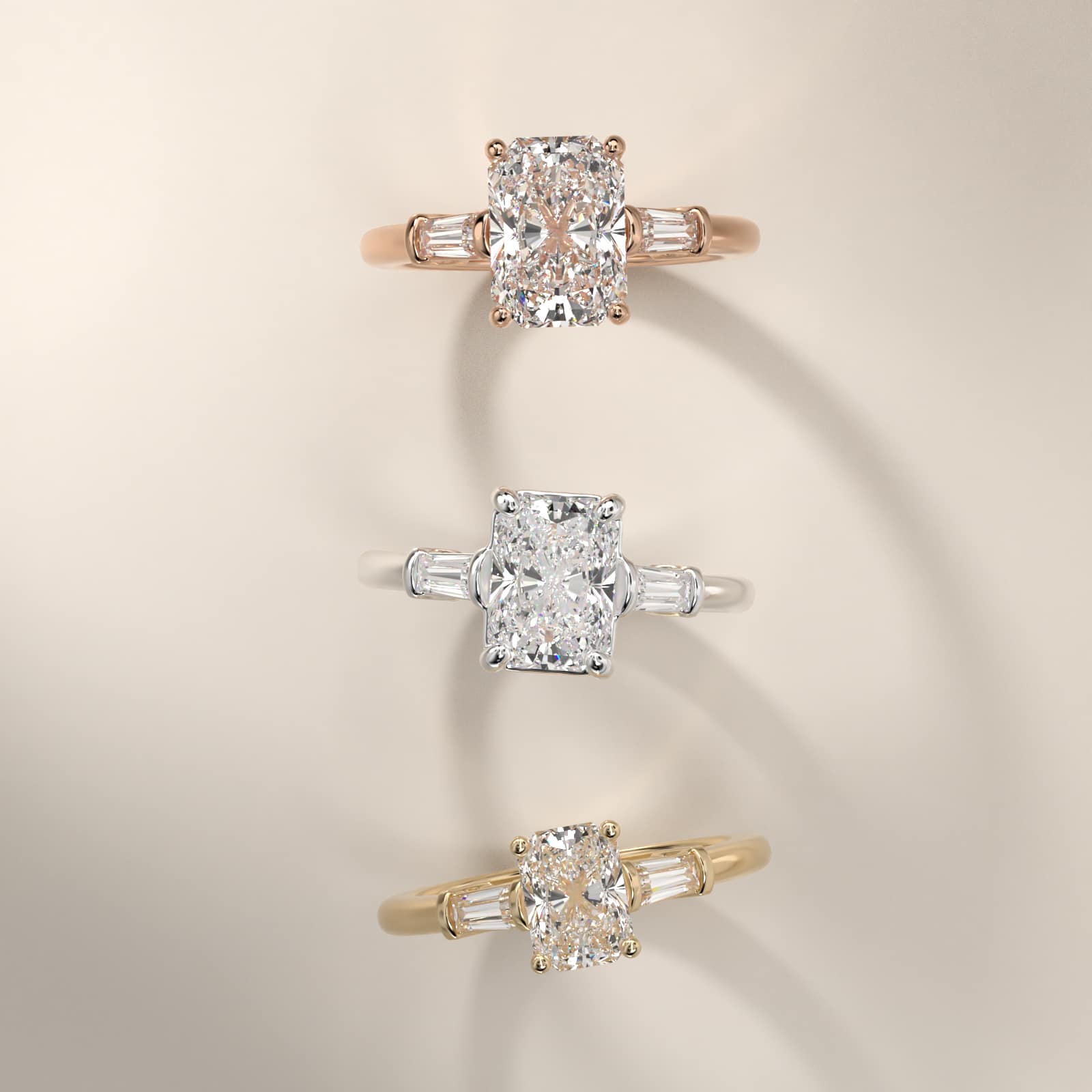 Sterling Silver Radiant Cut Moissanite Engagement Ring Three-Stone Tapered Baguette (2.0 ct., 1/4 ct. tw.) Secondary image
