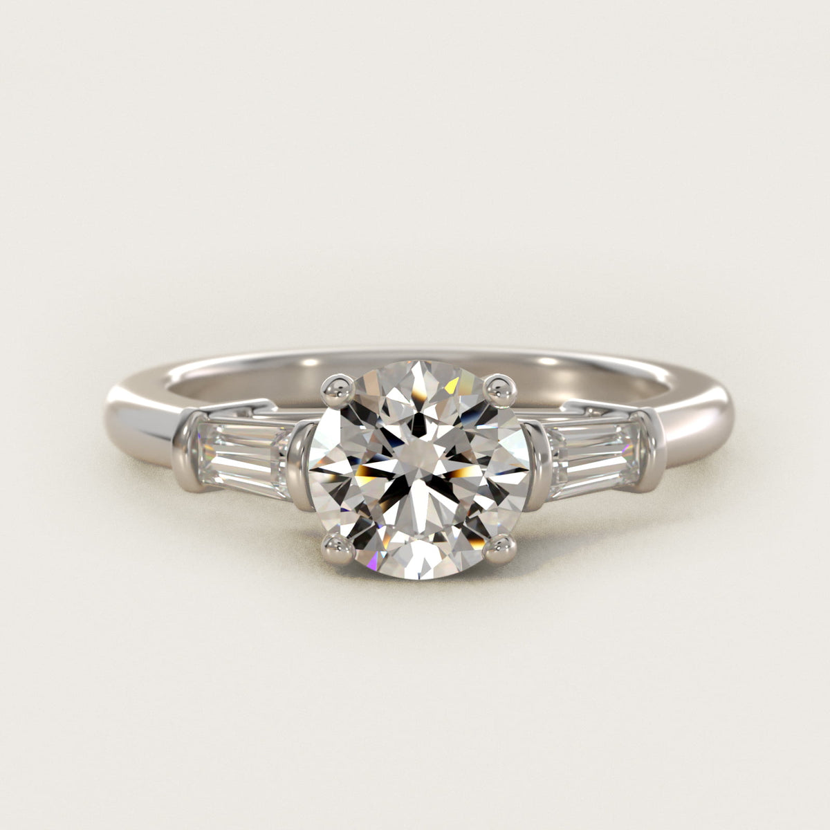 Sterling Silver Round Cut Moissanite Engagement Ring Three-Stone Tapered Baguette (2.0 ct., 1/4 ct. tw.) Main image