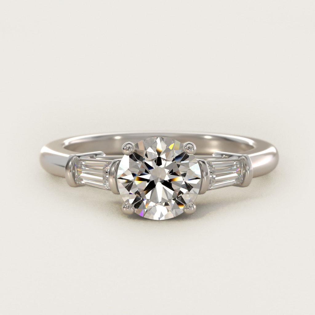Sterling Silver Round Cut Moissanite Engagement Ring Three-Stone Tapered Baguette (2.0 ct., 1/4 ct. tw.)