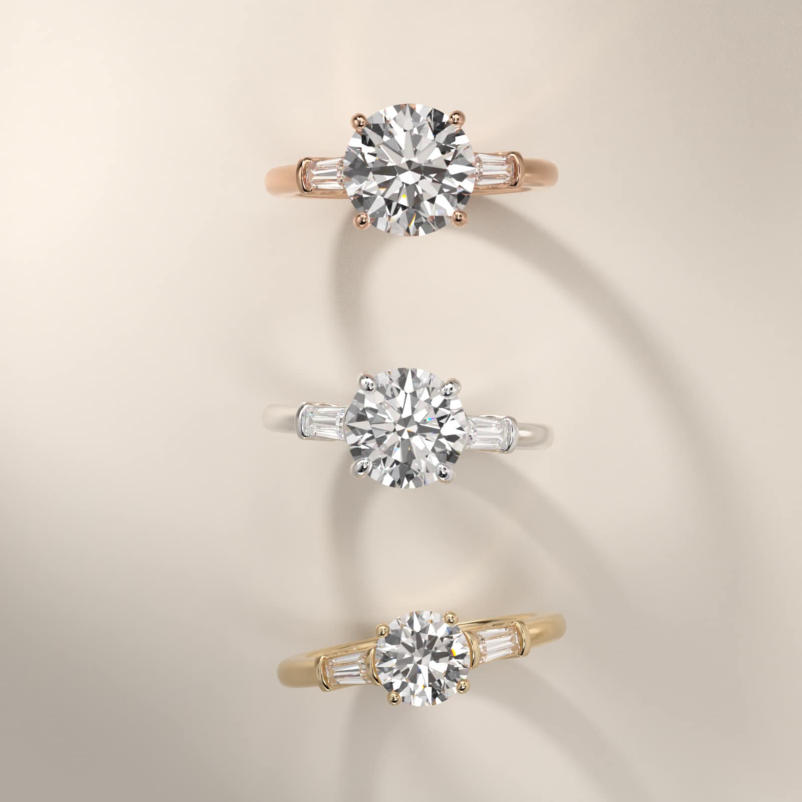 Sterling Silver Round Cut Moissanite Engagement Ring Three-Stone Tapered Baguette (2.0 ct., 1/4 ct. tw.) Secondary image