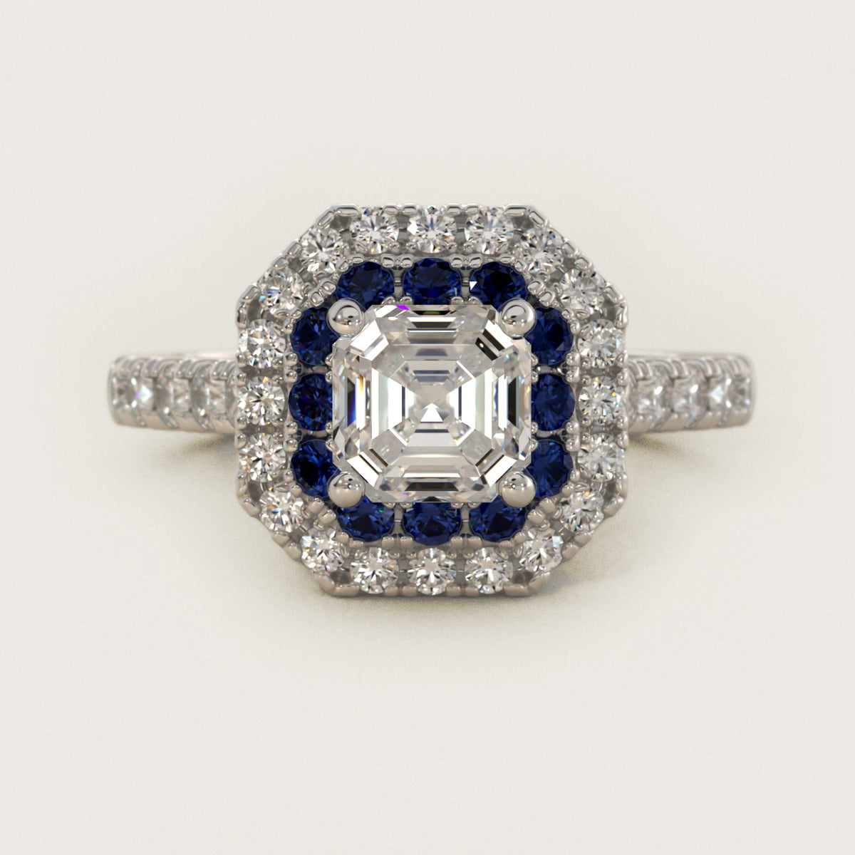 Sterling Silver Asscher Cut Moissanite Engagement Ring Lab Grown Sapphire and Moissanite Double Halo (2.0 ct., 9/20 ct. tw.) Main image