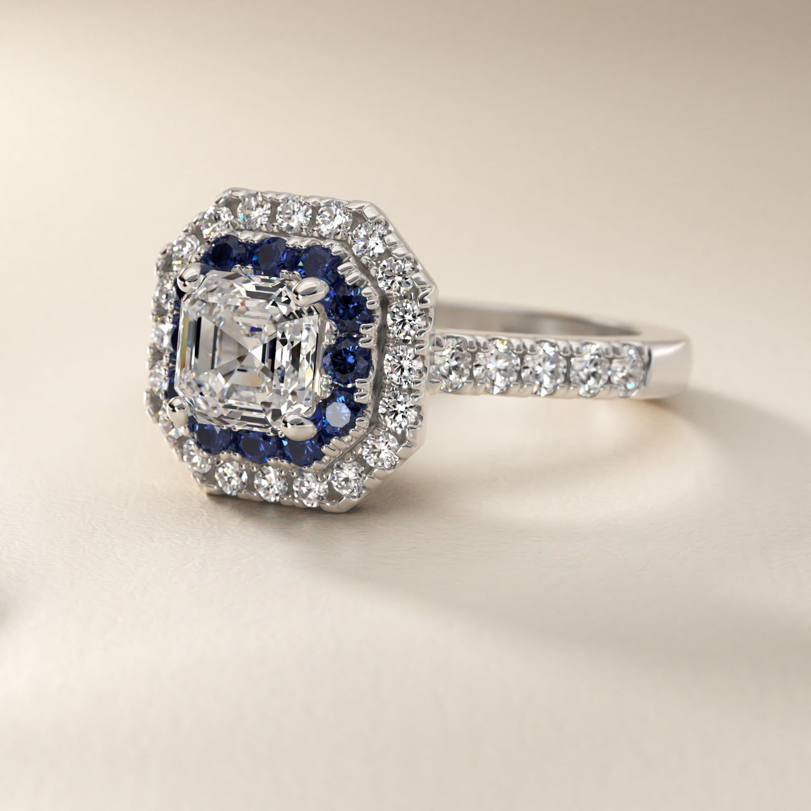 Sterling Silver Asscher Cut Moissanite Engagement Ring Lab Grown Sapphire and Moissanite Double Halo (2.0 ct., 9/20 ct. tw.) Secondary image