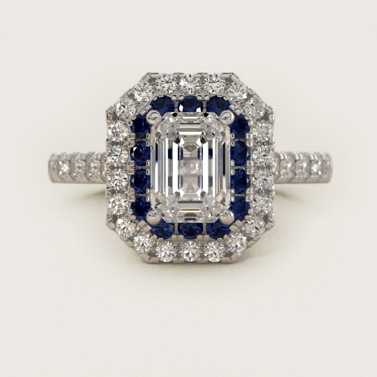 Sterling Silver Emerald Cut Moissanite Engagement Ring Lab Grown Sapphire and Moissanite Double Halo (2.0 ct., 9/20 ct. tw.) Main image