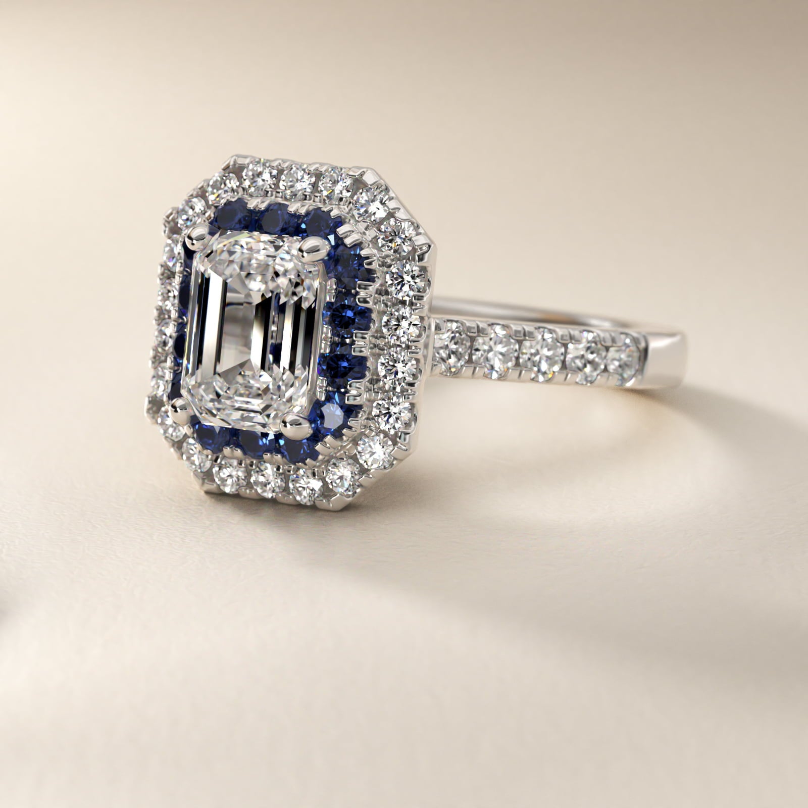 Sterling Silver Emerald Cut Moissanite Engagement Ring Lab Grown Sapphire and Moissanite Double Halo (2.0 ct., 9/20 ct. tw.) Secondary image