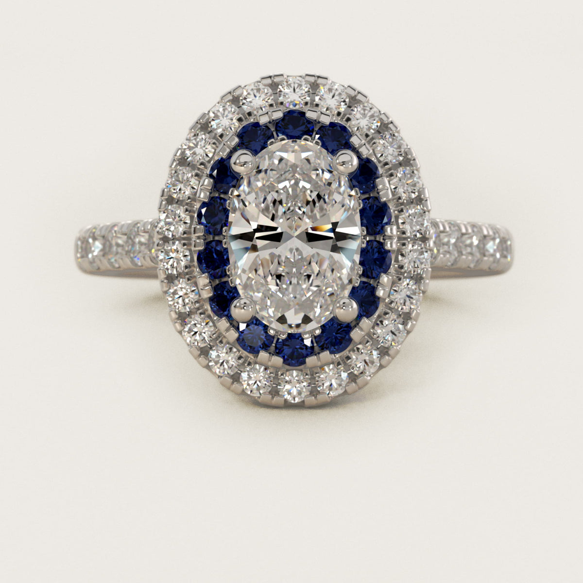 Sterling Silver Oval Cut Moissanite Engagement Ring Lab Grown Sapphire and Moissanite Double Halo (2.0 ct., 9/20 ct. tw.) Main image