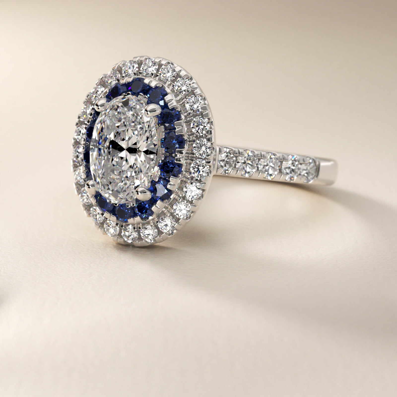 Sterling Silver Oval Cut Moissanite Engagement Ring Lab Grown Sapphire and Moissanite Double Halo (2.0 ct., 9/20 ct. tw.) Secondary image