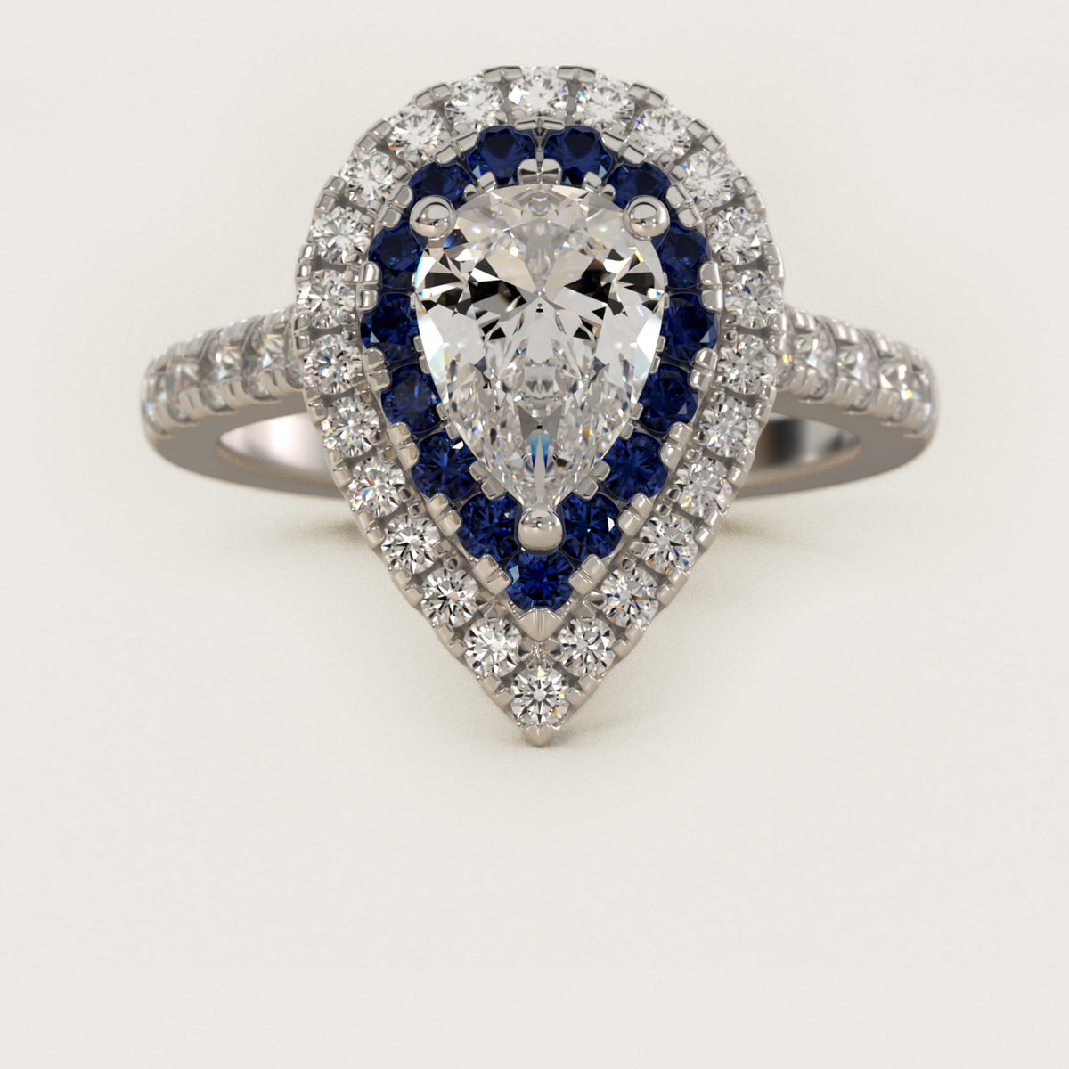 Sterling Silver Pear Cut Moissanite Engagement Ring Lab Grown Sapphire and Moissanite Double Halo (2.0 ct., 9/20 ct. tw.) Main image