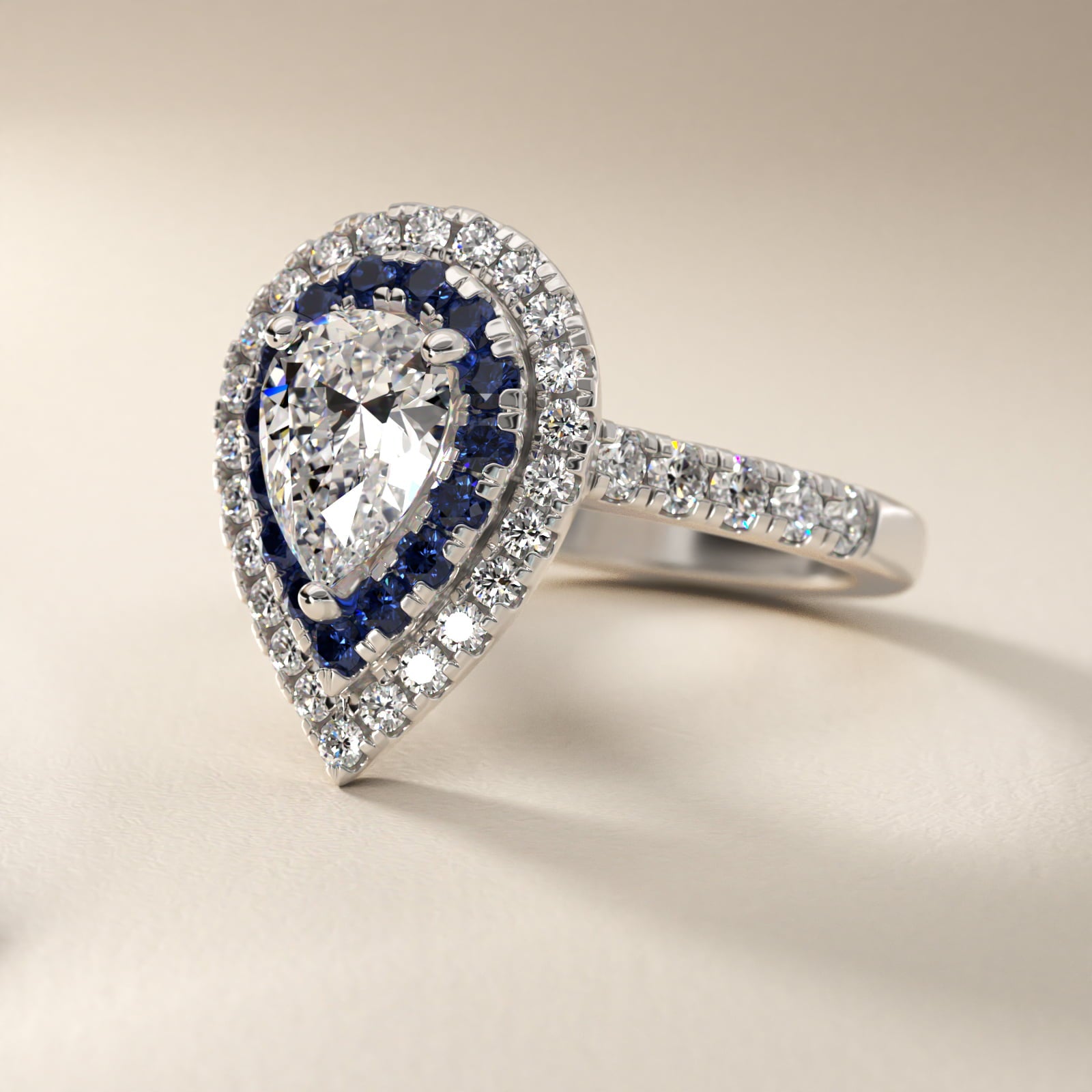 Sterling Silver Pear Cut Moissanite Engagement Ring Lab Grown Sapphire and Moissanite Double Halo (2.0 ct., 9/20 ct. tw.) Secondary image