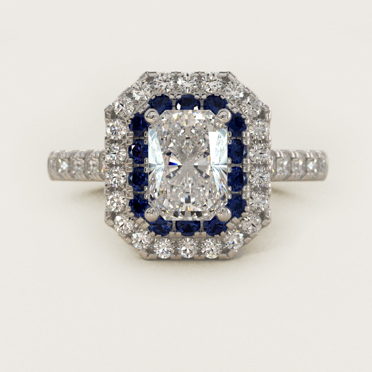 Sterling Silver Radiant Cut Moissanite Engagement Ring Lab Grown Sapphire and Moissanite Double Halo (2.0 ct., 9/20 ct. tw.) Main image