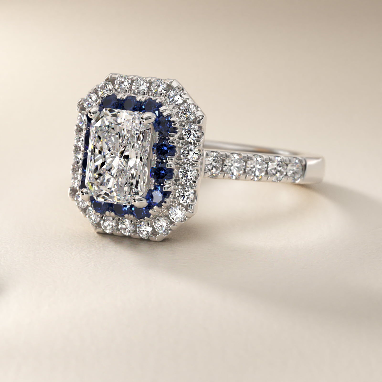 Sterling Silver Radiant Cut Moissanite Engagement Ring Lab Grown Sapphire and Moissanite Double Halo (2.0 ct., 9/20 ct. tw.) Secondary image