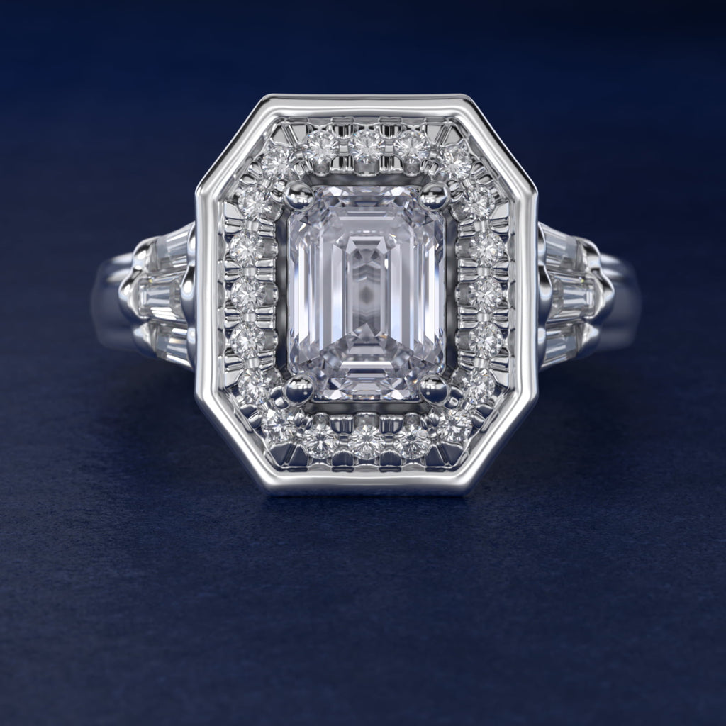 Sterling Silver Emerald Cut Moissanite Engagement Ring Square Halo (2.0 ct., 9/20 ct. tw.)