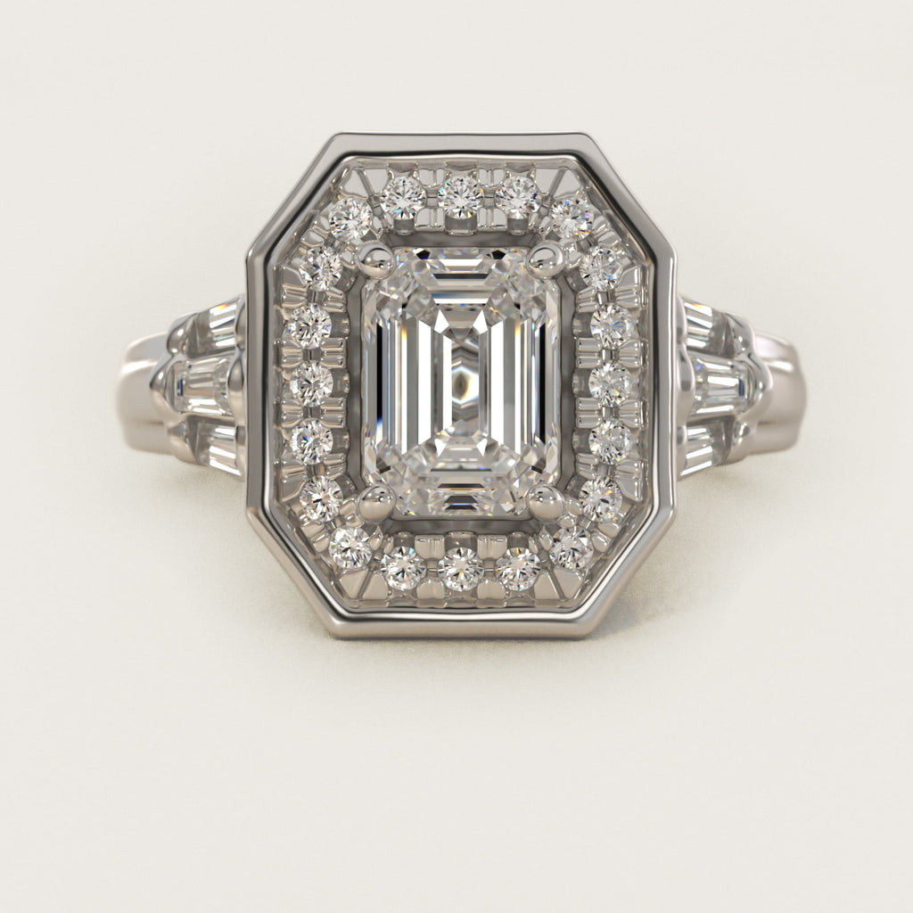 Sterling Silver Emerald Cut Moissanite Engagement Ring Square Halo (2.0 ct., 9/20 ct. tw.)
