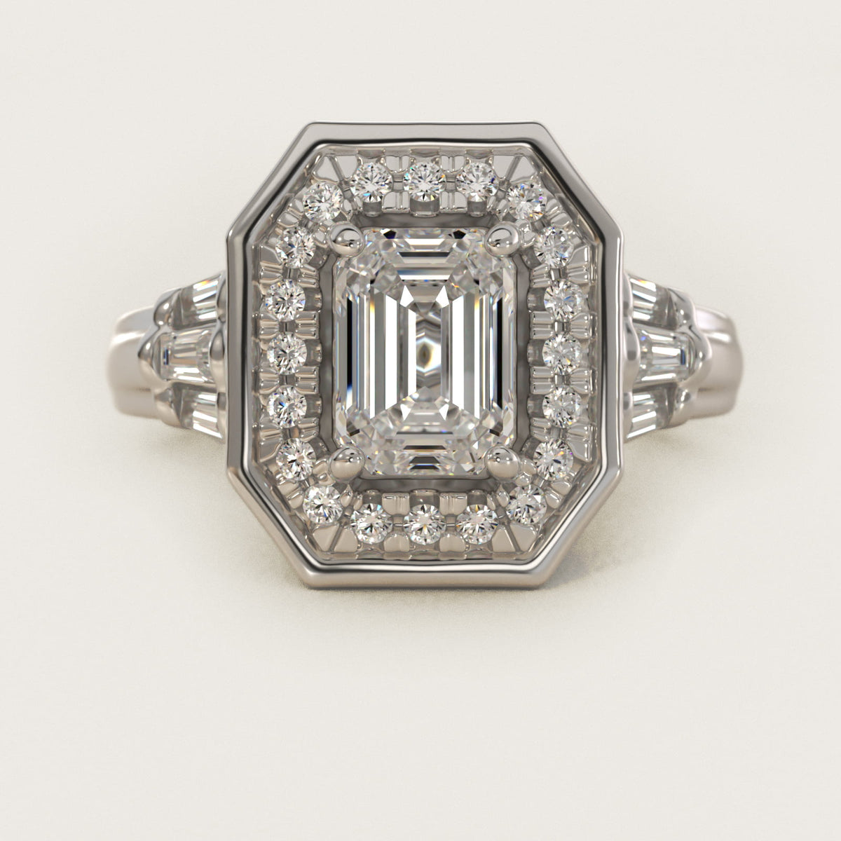 Sterling Silver Emerald Cut Moissanite Engagement Ring Square Halo (2.0 ct., 9/20 ct. tw.)