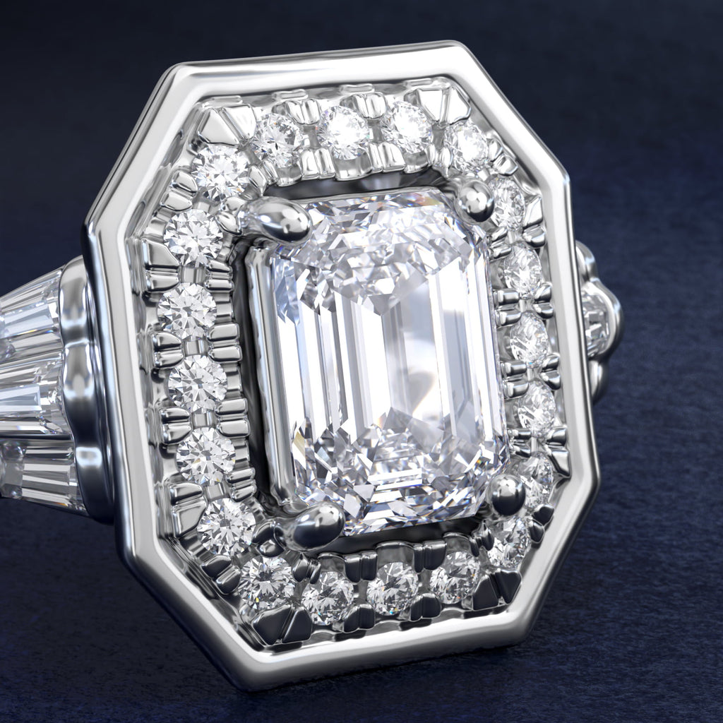 Sterling Silver Emerald Cut Moissanite Engagement Ring Square Halo (2.0 ct., 9/20 ct. tw.)