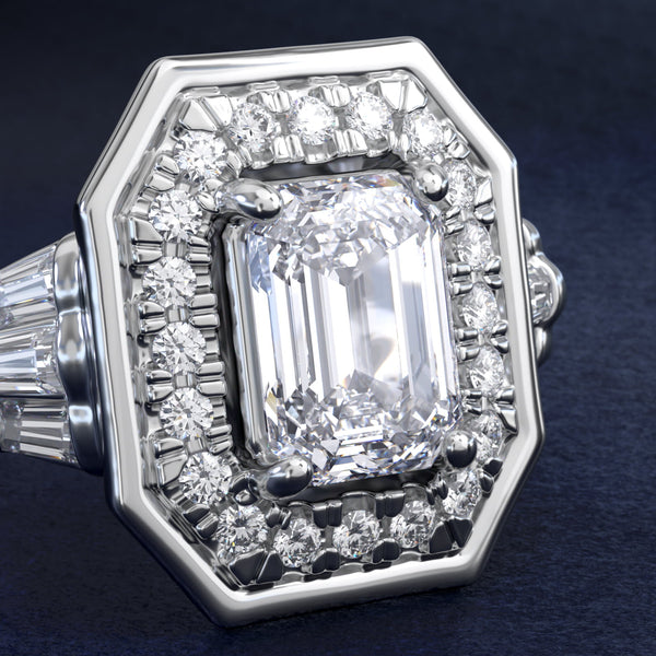 Sterling Silver Emerald Cut Moissanite Engagement Ring Square Halo (2.0 ct., 9/20 ct. tw.)