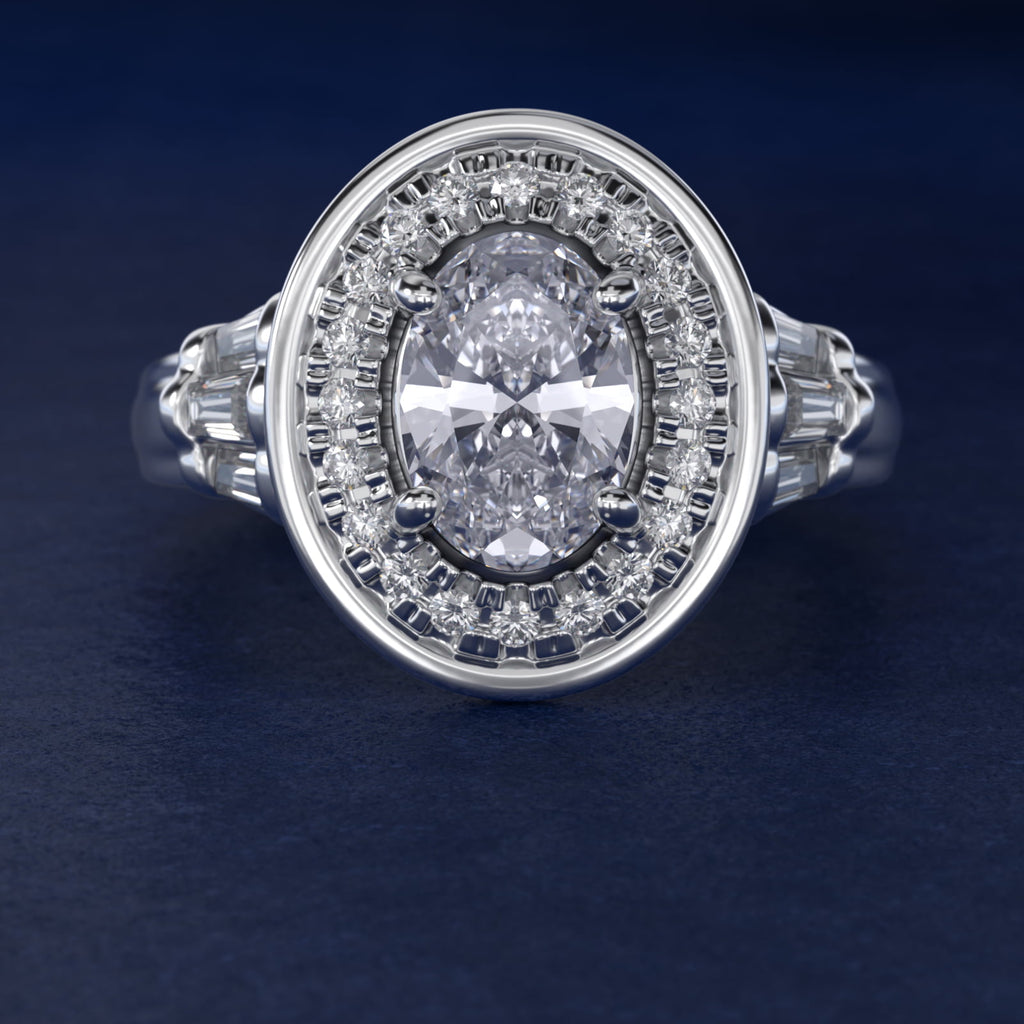 Sterling Silver Oval Cut Moissanite Engagement Ring Square Halo (2.0 ct., 9/20 ct. tw.)