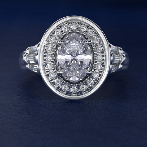 Sterling Silver Oval Cut Moissanite Engagement Ring Square Halo (2.0 ct., 9/20 ct. tw.)
