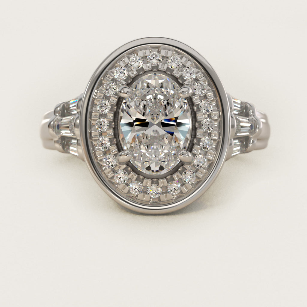 Sterling Silver Oval Cut Moissanite Engagement Ring Square Halo (2.0 ct., 9/20 ct. tw.)