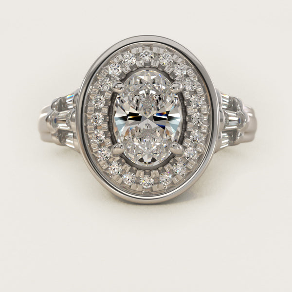 Sterling Silver Oval Cut Moissanite Engagement Ring Square Halo (2.0 ct., 9/20 ct. tw.)